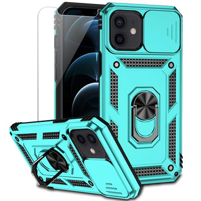for iPhone 12 Mini Case with Camera Lens Cover HD Screen Protector, Dual Layer Military Grade Drop Protection Magnetic Ring Holder Kickstand Protective Phone Case for iPhone 12 Mini 5.4 inch (Mint) - color: Mint with camera cover Military-Grade 2nd gen