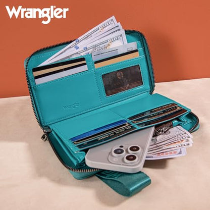 Wrangler Womens Wallet Wristlet Long Purse Designer Clutch Large Capacity Credit Card Holder for Women Men - color: B-Turquoise