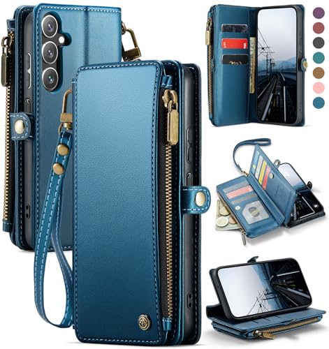 Defencase for Samsung Galaxy A16 5G Wallet Case with Card Holder, Dark Blue | RFID Blocking, Zipper Pocket, Durable PU Leather, Wrist Strap, Fashion Snap Flip Phone Cases Cover with Stand for Women Men - color: Dark Blue