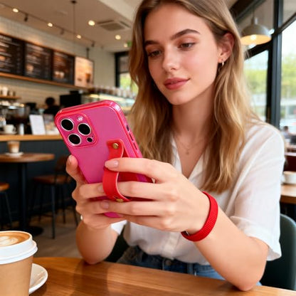 Strap Case for iPhone 13 Pro with Stand, Neon Magenta | Wrist Strap Kickstand, Adjustable Finger Hand Grip Loop, Slim Transparent Anti-Scratch Back, Soft Bumper Phone Cover - color: Neon Magenta, size: iPhone 13 Pro