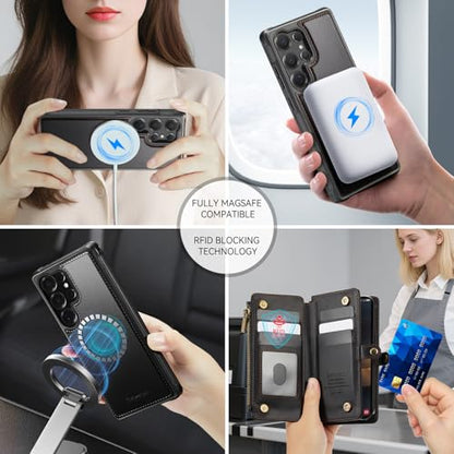 Defencase for Galaxy S24 Ultra Case Wallet Compatible with Magsafe, Black | Magnetic Detachable, RFID Bolcking Card Holder, Zipper Strap, PU Leather Drop-Proof Phone Cover for Samsung Galaxy S24 Ultra - color: (Detachable with Magsafe)-Black