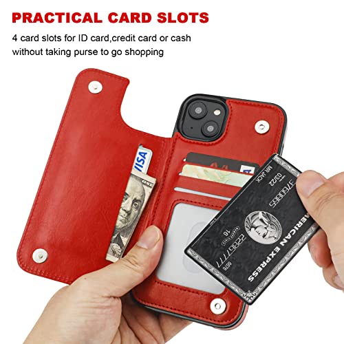 ONETOP for iPhone 14 Plus Wallet Case with Credit Card Holder,Red | Kickstand,ID/Cash Holder,Case Wallet with Card Slots,Double Magnetic Clasp,Durable PU Leather Shockproof Cover for Women Men - color: Red