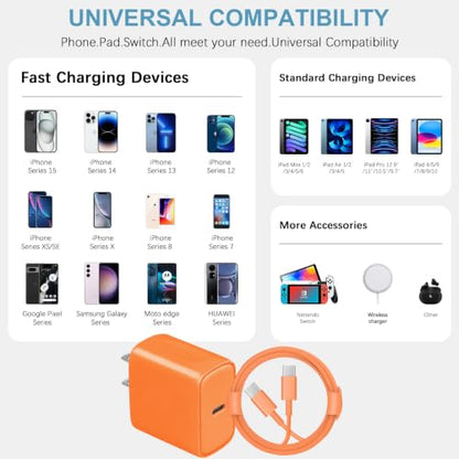 iPhone 17 16 15 Charger Fast Charging 3 Pack USB C Charger Block - color: Orange, size: 6FT