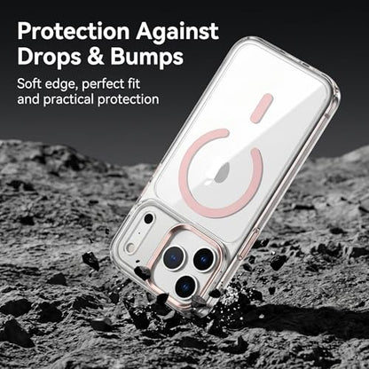 for iPhone 17 Pro Max Clear Case with Electroplated Camera Ring & Buttons, MagSafe Compatible, Military-Grade Shockproof, Anti-Yellowing Slim Transparent Cover - color: Pink