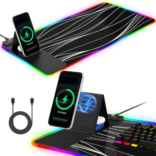 RGB Mouse Pad with Foldable Phone Stand Wireless Charger, 31.5"x11.8" XL Gaming Mousepad Large Desk Mat, Desk Pad with 11 Colors 5 Modes, Waterproof - color: Black Touch Control Stand XL Line