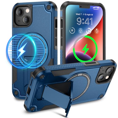 Caka for iPhone 13 Case & iPhone 14 Case with Stand Blue | Compatible with MagSafe, Built-in Hidden Kickstand, Solid Protective Dual-layer TPU+PC Shockproof Magnetic Phone Cover - color: Blue