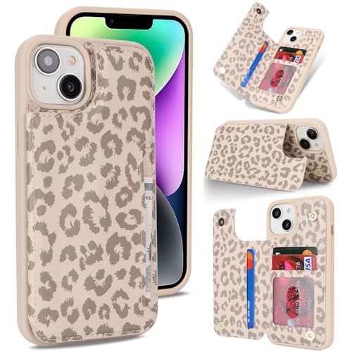 iCoverCase Compatible with iPhone 14 Case with Card Holder, Wallet Case for Women Men RFID Blocking PU Leather Protective Phone Case 6.1 Inch (Beige Leopard) - color: Beige Leopard