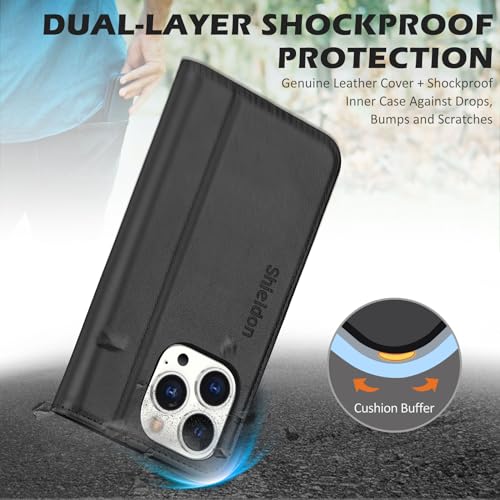 SHIELDON Genuine Leather Wallet Case for iPhone 14 Pro 6.1" 2022, Black | Magnetic Closure, RFID Blocking, Credit Card Holder, Kickstand, Folio Book Design, Shockproof Phone Cover - color: Black