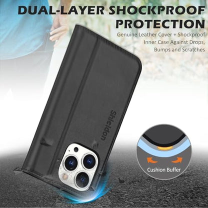 SHIELDON Genuine Leather Wallet Case for iPhone 14 Pro 6.1" 2022, Black | Magnetic Closure, RFID Blocking, Credit Card Holder, Kickstand, Folio Book Design, Shockproof Phone Cover - color: Black