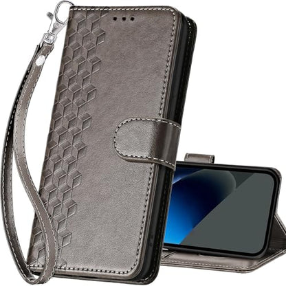 for Google Pixel 10a Wallet case, Gray-Cube | 3 Card Holders, Kickstand, Shockproof TPU Shell, PU Leather, Magnetic Closure, Protective Flip Folio Cover, Women - color: 10