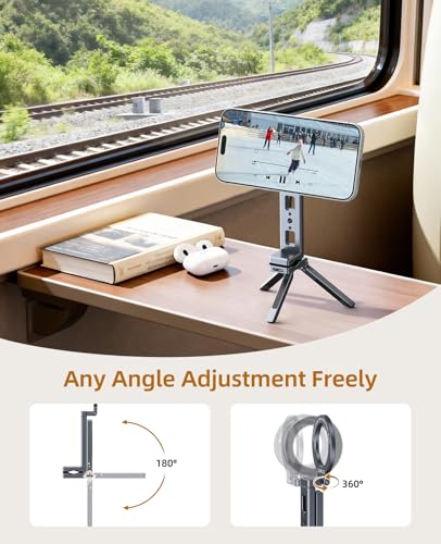Magnetic Phone Tripod,360°Rotating Adjustable Travel Tripod Mount,Foldable Cell Phone Stand with Clip&1/4" Screw for iPhone 17/16/15/14/13/12 Pro Max&Magsafe Tripod,Fits Gym,Vlog,Travel,Kitchen