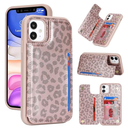 iCoverCase Compatible with iPhone 11 Case with Card Holder, Wallet Phone Case for Women Men RFID Blocking PU Leather Protective Case 6.1 Inch (Rose Gold Leopard) - color: Rose Gold Leopard