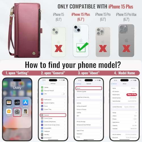 Defencase for iPhone 15 Plus Wallet Case with RFID Card Holder, Wine Red | Durable Soft PU Leather, with Zipper Pocket, Wrist Strap, Fashion Snap Flip Phone Cases Cover with Stand for Women and Men - color: Wine Red