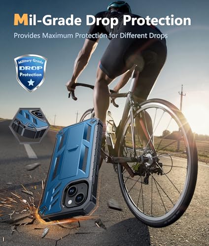 FNTCASE for iPhone 15/14/13 Case, Built-in Screen Protector, Kickstand Blue | 20FT Military-Grade Drop Protection, Anti-Slip Matte Textured, Rugged Heavy Duty Shockproof Protective Phone Cover, Blue - color: Blue