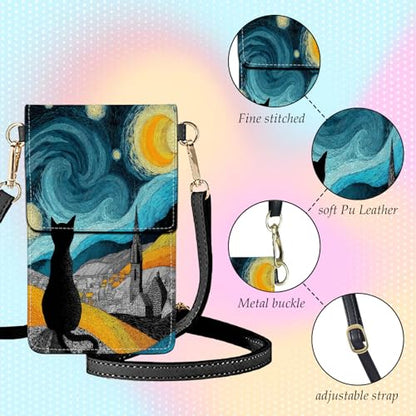 Small Crossbody Bags for Women Touchscreen Cell Phone Bag Cross Body Purses with adjustable Strap,Gifts For Teenage Girls - color: Starry Night Black Cat