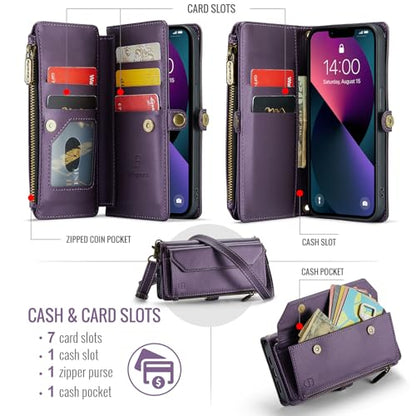 Strapurs Wallet Case Compatible with iPhone 13 RFID Blocking 7-Card Holder Soft PU Leather Magnetic Snap Shoulder Strap Zipper Pocket Phone Case Fit for iPhone 13 for Women 6.1" - Purple | RFID Blocking 7-Card Holder, Shoulder Lanyard, Wirst Strap, Zipper