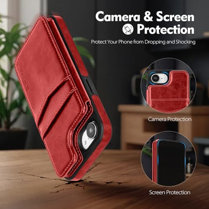 SkyEagle Compatible with MagSafe iPhone 17e / 16e Case Wallet,Red | Magnetic Clasp,RFID Blocking,PU Leather,Flip Folio Shockproof Phone Cover,with Credit Card Slots & Kickstand for Men & Women - color: Red