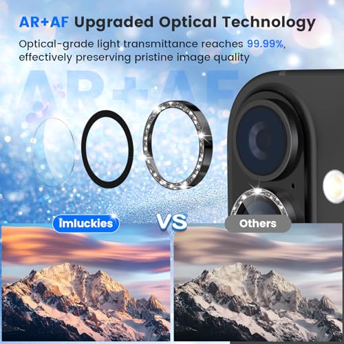 imluckies Glitter Camera Lens Protector for iPhone 17 6.3", [AR+AF] HD Clear Tempered Glass Lens Cover, 9H Scratch Resistant Individual Metal Shiny Ring, Case Friendly & Easy Install, Bling Black - color: Bling Black