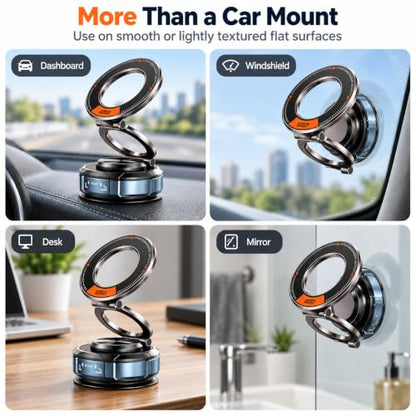 Vacuum Magnetic Car Phone Mount, Zinc Alloy Folding Suction Cup Holder with Sticky Gel Base for Dashboard & Windshield, Compatible with MagSafe iPhone, Samsung and Android Phones