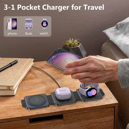 Travel Charger for Samsung Multi Devices, Foldable 3 in 1 Wireless Charging Station Fast Charging Stand/Pad Compatible for Samsung Galaxy S26/S25/S24/S23/Note20 Galaxy Watch8/7/6/Galaxy Buds4(Black - color: Black