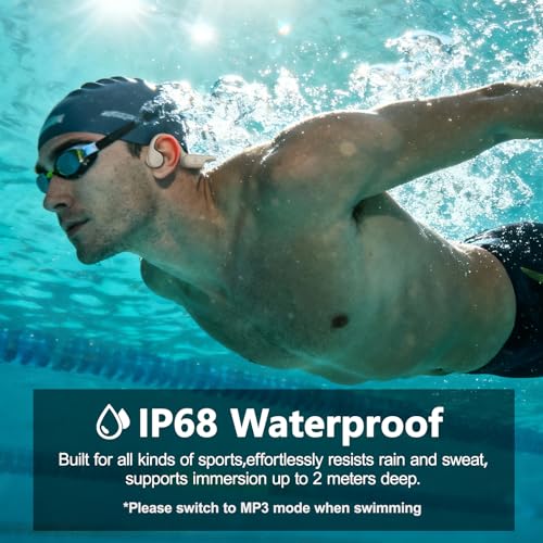 Bone Conduction Headphones IPX8 Waterproof Swimming Headphones Open Ear Headphones with MP3 Mode 32GB Memory 8H Playtime Bluetooth 5.4 Ear Buds Secure Fit (Apricot)
