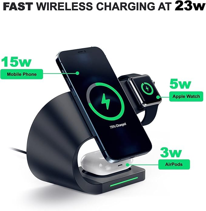 3 in 1 Wireless Charging Station Compatible with iPhone, Galaxy Phone, Earbuds and smartwatch