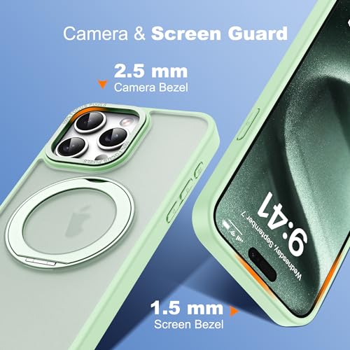 for iPhone 15 Pro Case with 360° Spin Magnetic Stand,Green | iPhone 15 Pro Phone Case 6.1",Spin Magnetic Ring Stand,Compatible with MagSafe,Military Protection,Translucent Matte - color: Green, size: iPhone 15 Pro