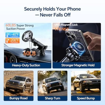 for iPhone MagSafe Phone Holders for Your car 2-Pack Adjustable Suction Cup Phone Mount for All iPhone & Android Smartphone,4 Setups - Dashboard/Vent/Windshield/Desk, Fits All Cars
