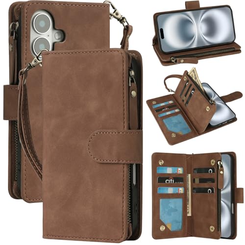 RANYOK Compatible with iPhone 16 Case Wallet - PU Leather Wallet Case for iPhone 16 with Credit Card Holder RFID Blocking Zipper Pocket with Wrist Strap Flip Folio Protective Case (Brown) - color: Brown, size: iPhone 16, 6.1"