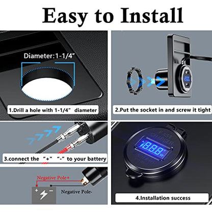 Dual PD 45W USB C Charger Socket Fast Charge Dual PD USB C Port Waterproof with Switch LED Voltmeter and Wire Fuse DIY Kit for 12V/24V Car Boat Marine ATV Bus Truck RV Motorcycle