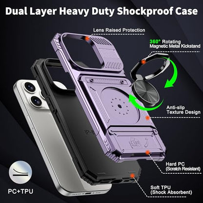 Vofolen for iPhone 15 Pro Case Wallet with Card Holder [Store 2 Cards] | 360° Magnetic Rotated Ring Stand-Dual Layer Heavy Duty Drop Protection Wallet Phone Case Cover for iPhone 15 Pro 6.1'' Purple - color: Purple