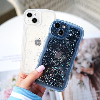 Glitter case for iPhone 13/14 Wavy Edge Blue | Bling Sparkle Glitter，Wavy Edge，Full Protection Soft TPU，Kawaii Cute Phone Case for Women Girls - color: Blue