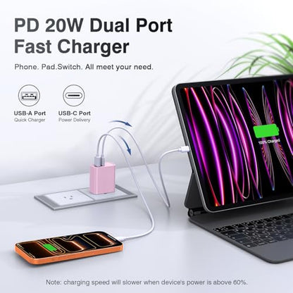 [2 Pack] 20W USB C Charger Block, Fast Charging Dual Port Wall Charger - color: Pink