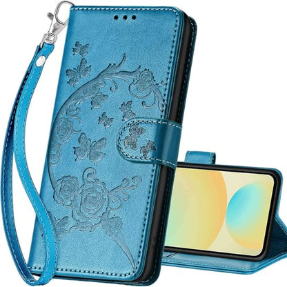 for Samsung Galaxy S24 FE Wallet case, Blue-Flower | 3 Card Holders, Kickstand, Shockproof TPU Shell, PU Leather, Magnetic Closure, Protective Flip Folio Cover, Women - color: 7