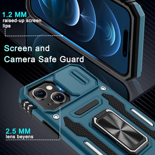 DEERLAMN Case for iPhone 15 with Slide Camera Cover + Screen Protector (2 Packs), Rotated Ring Kickstand Military Grade Shockproof Protective Cover-Light Blue - color: Light Blue