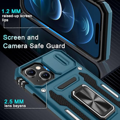 DEERLAMN Case for iPhone 15 with Slide Camera Cover + Screen Protector (2 Packs), Rotated Ring Kickstand Military Grade Shockproof Protective Cover-Light Blue - color: Light Blue