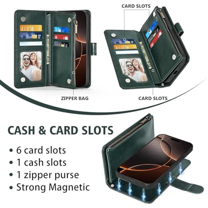 Asuwish Phone Case for iPhone 16 Pro 6.3 inch Zipper Wallet Detachable Cell Cover with Tempered Glass Screen Protector Crossbody Lanyard Strap Flower Card Holder i Phone16 i16 16Pro Women Dark Green - color: Dark Green