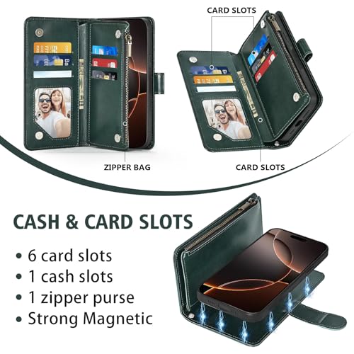 Asuwish Phone Case for iPhone 16 Pro 6.3 inch Zipper Wallet Detachable Cell Cover with Tempered Glass Screen Protector Crossbody Lanyard Strap Flower Card Holder i Phone16 i16 16Pro Women Dark Green - color: Dark Green