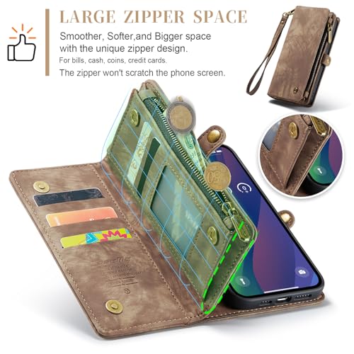 Compatible with iPhone 15 Wallet Case with Magsafe,Coffee | Magnetic Detachable Case,Card Holder,Zipper Pocket,Strap Wristlet, Soft Leather Drop-Proof Phone Case for iPhone 15 - color: Coffee, size: iPhone 15 6.1"