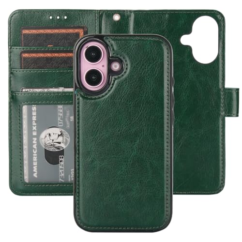 Bocasal Detachable Wallet Case Card Holder for iPhone 16, Green | RFID Blocking Kickstand Card Slots Holder PU Leather Magnetic Shockproof Wrist Strap Removable Flip Protective Cover 6.1 inch - color: Green