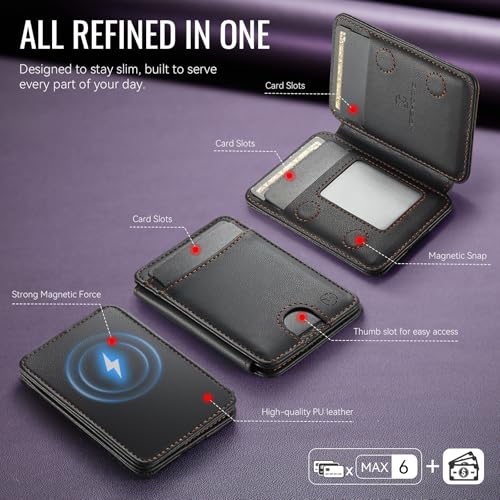 HXY for Magsafe Wallet Magnetic Card Holder RFID Blocking with Stand, 6 Card Holder for Phone Case, Slim Leather Magnetic Wallet for iPhone 17/16/15/14/13/12 Pro/Max/Plus (Black) - color: Black