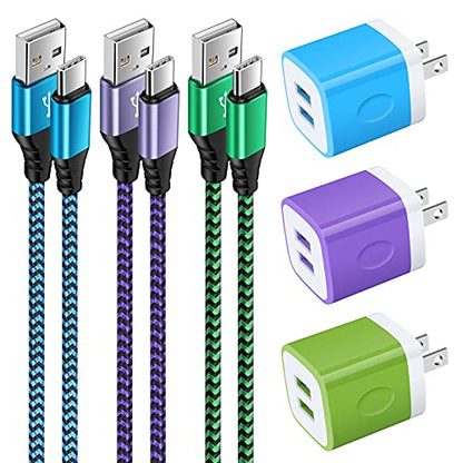 USB Wall Charger 3Pcs 2.1A Dual Port Charger Block Fast Charging Cube Power - color: Blue+Purple+Green