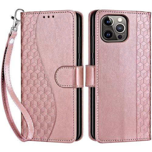 for iPhone 13 Pro Wallet case, Rose Gold | 3 Card Holders, Kickstand, Shockproof TPU Shell, PU Leather, Magnetic Closure, Protective Flip Folio Cover, Women - color: 5