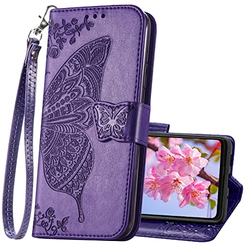 for Moto G Power 2022 Case Wallet,Women Flip Cover,Purple | Butterfly Embossed PU Leather Kickstand Credit Card Holder Slots Magnetic Wrist Strap Purse - color: Purple