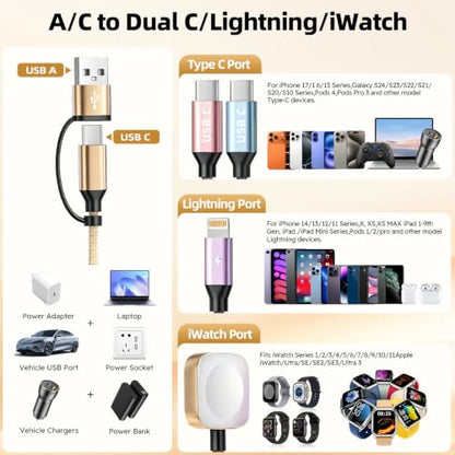 Camping Essentials 4in2 Multi Charging Cable for Apple Watch Charger 5FT2PK - color: Light Golden&Purple&Pink&Blue, size: AC to 2C+L+iWatch