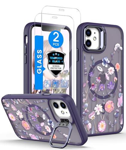 Dretal Magnetic for iPhone 11 Case Floral,Screen Protector,Built-in Lens Ring Stand,Military-Grade Protection,Translucent Matte Magnetic Shockproof Flower Pattern Case for Women Girls-Deep Purple - color: Deep Purple, size: iPhone 11 6.1"