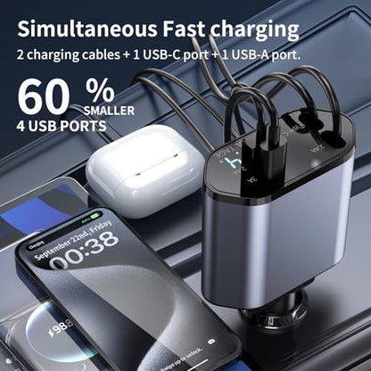 YAOKEEP 4 in 1 Retractable Car Charger, 120W Fast Car Phone Charger
