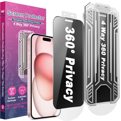 [2 Pack 4 Way Privacy Screen Protector for iPhone 15 / iPhone 16, Anti-Spy Tempered Glass, 9H Hardness Shatterproof, 3D Curved Edges, Case-Friendly, Bubble-Free Easy Installation - size: for 16 / 15