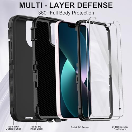 for iPhone 13 Case with 2 Screen Protector,Shockproof Drop Protection Full Body Heavy Duty 3 Layer Military Rugged Durable Phone Cover for Apple iPhone 13 6.1" (Black) - color: Black