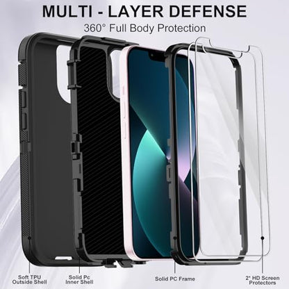 for iPhone 13 Case with 2 Screen Protector,Shockproof Drop Protection Full Body Heavy Duty 3 Layer Military Rugged Durable Phone Cover for Apple iPhone 13 6.1" (Black) - color: Black